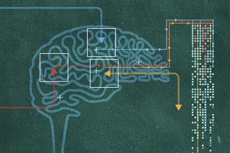 A line illustration shows a brain with lines signifying electrodes and wires connecting to a matrix of dots in a rectangular shape, indicating data.